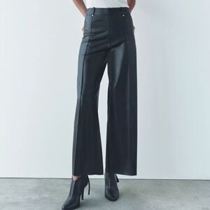 New Zara Women Black Leather Effect Wide Leg Trousers High-Waist Size US 12 NWT